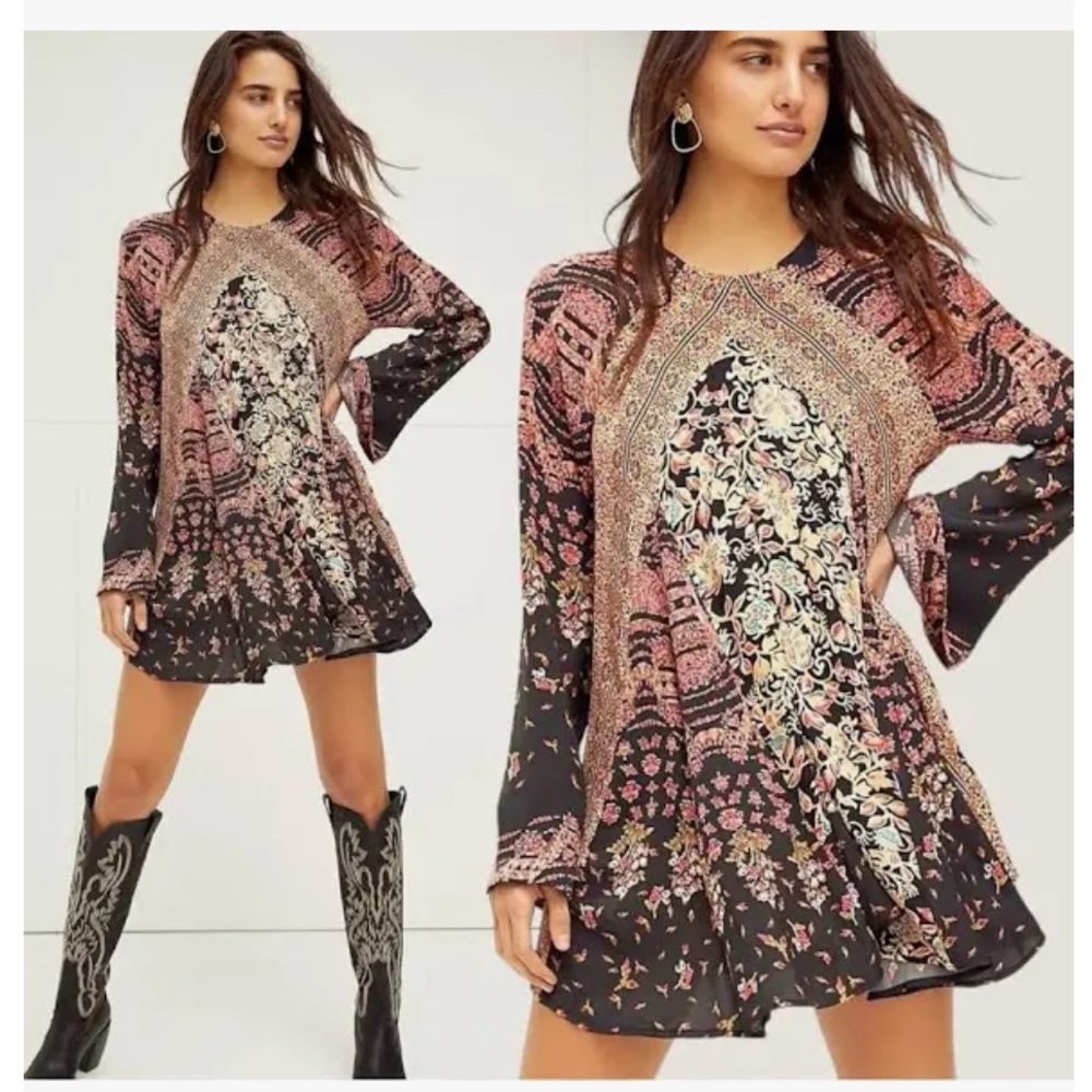 FREE PEOPLE Stevie Black Floral Mini Dress Tunic with Cut Out Back, XS